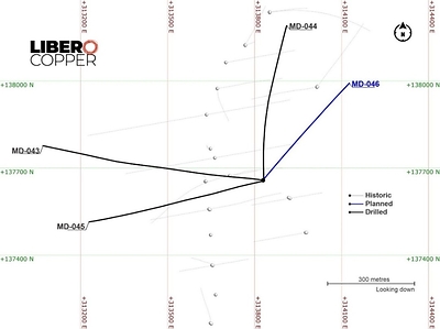 Figure 1 - Plan view of the holes MD-043, MD-044, and MD-045 and planned hole MD-046 with the location of the previous drilling at the Mocoa project. (CNW Group/Libero Copper & Gold Corporation)