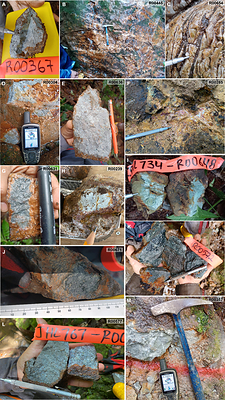 Figure 3. Highlighting rock samples in figure 2, showing the lithology, alteration and veining observed. A). Rock sample R00367 showing strong-sericite alteration in the upper part of the Mocoa porphyry with some remaining C-type veins (chalcopyrite dominant). B). Rock sample R00445 over a s well-preserved stockwork mapped close to MD-045 drill pad. C). D-type veining in rock sample R00654 of a strong sericite-altered dacite porphyry in the east side of the drilled area of Mocoa porphyry. D). Strong sericite-altered dacite porphyry with up to 5% of disseminated pyrite and 15% of iron oxides in rock sample R00304 at the NW side of the drilled area. E). Strong sericite-altered dacite porphyry with up to 15% of disseminated pyrite in rock sample R00636, 1,500-metres east of the drilled area. F). Leach cap outcrop (R00285) with strong argillic alteration and iron oxides up to 30%, 800-metres south of rock sample R00636. G). Strong sericite-altered dacite porphyry with truncated and well-preserved A-type veinlet with K-spar halo in rock sample R00631, 2,600-metres east of the drilled area. H). Leach cap outcrop (R00239), southeast of the drilled area in the east side of the Tosoy creek. I). Silicified volcanic rock in rock sample R00648. J). Microdiorite with disseminated sphalerite and pyrite in rock sample R00671. K). Potassic altered microdiorite. L). Sericite-altered quartz-diorite with minor content of disseminated chalcocite in rock sample R00577. M). Strong sericite-altered dacite porphyry in rock sample R00357. (CNW Group/Libero Copper & Gold Corporation)