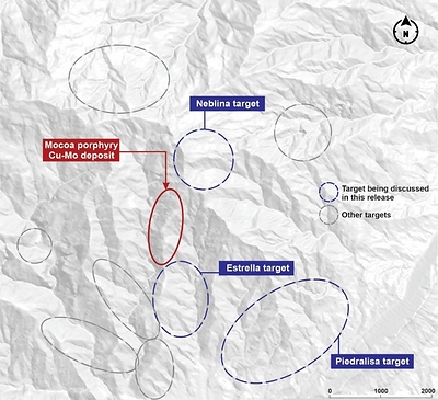 Figure 1. Plan view of the Mocoa porphyry Cu-Mo deposit and the exploration targets discussed in this release. (CNW Group/Libero Copper & Gold Corporation)