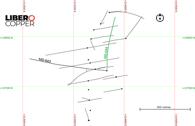 Figure 1. Plan view of the MD-044 hole and the location of the historical drilling at the Mocoa project. (CNW Group/Libero Copper & Gold Corporation)