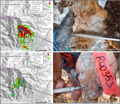 Figure 3: 
upper left: copper soil sample map
lower left: copper rock sample map
upper right: leached cap porphyry outcrop sample with quartz sulfide vein over Mocoa deposit
lower right: leached cap porphyry outcrop sample with quartz sulfide veins over Mocoa deposit (CNW Group/Libero Copper & Gold Corporation.)