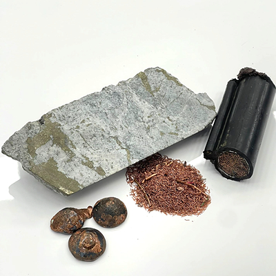 Photo 3: Drill core from the Mocoa porphyry copper-molybdenum project, copper produced together with the UNAL from the project (see news release December 6, 2022), and copper recycled in Colombia. (CNW Group/Libero Copper & Gold Corporation.)