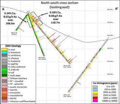 Figure 1: Cross section through DDH BR-22-043 (CNW Group/Libero Copper & Gold Corporation.)