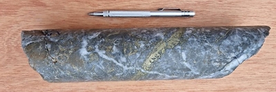 Figure 3 – 626m - Silicified dacite porphyry breccia: phyllic alteration with local potassic overprint. Several generations of quartz veining and chalcopyrite veining, with disseminated molybdenite and chalcopyrite. (CNW Group/Libero Copper & Gold Corporation.)