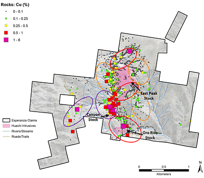 Figure 2: Rock samples (copper) and exploration targets (circled) at Esperanza. (CNW Group/Libero Copper & Gold Corporation.)