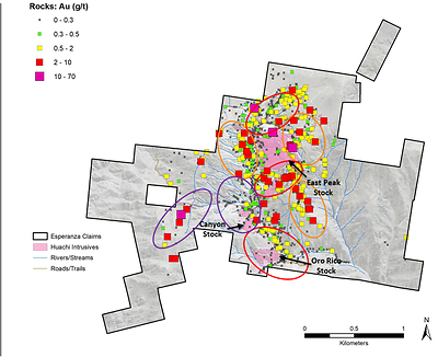 Figure 3: Rock samples (gold) and exploration targets (circled) at Esperanza. (CNW Group/Libero Copper & Gold Corporation.)