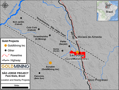 Figure 1  Tapajós Gold District and location of the São Jorge Project. (CNW Group/GoldMining Inc.)