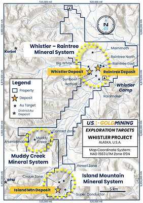 Figure 1 The Whistler Project, containing three gold ± copper ± silver mineral systems:  Whistler – Raintree, which contains the currently delineated Whistler and Raintree deposits; Island Mountain which contains the namesake gold deposit and several additional undrilled targets; and Muddy Creek which holds potential for discovery of an intrusive related gold system. (CNW Group/GoldMining Inc.)