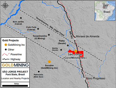 Figure 1 Tapajós Gold District and location of the São Jorge Project. (CNW Group/GoldMining Inc.)