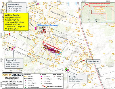 Figure 2 São Jorge Project property-scale RC drill results, as of January 6, 2025. (CNW Group/GoldMining Inc.)