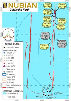 Figure 2: Map at Goldsmith including significant rock sample grades. (CNW Group/Nubian Resources Ltd.)