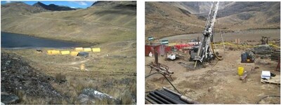 Figure 2 – Left: Crucero camp site (left), 2009 -2012;  Right: Diamond core drill set up on DDH-03 at the A1 Zone, 2009. (CNW Group/GoldMining Inc.)