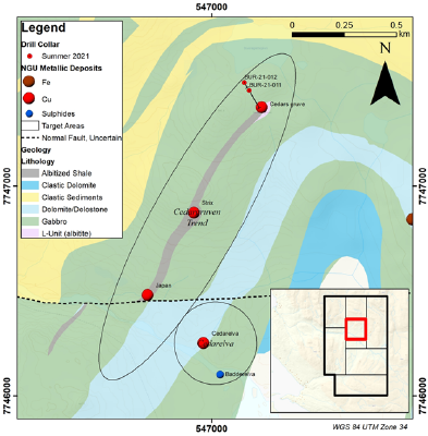 Figure 2. Map showing overview of Cedarsgruve trend over geology and mineral occurrences. (CNW Group/Norden Crown Metals Corp.)