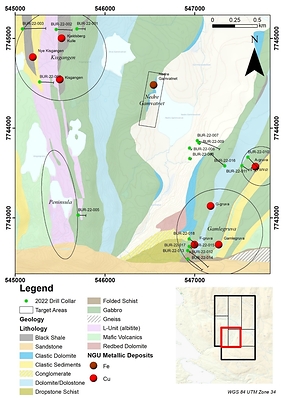 Figure&nbsp;1.&nbsp;Burfjord&nbsp;2022 drill&nbsp;hole&nbsp;locations&nbsp;over geology&nbsp;and&nbsp;mineral&nbsp;occurrences. (CNW Group/Norden Crown Metals Corp.)