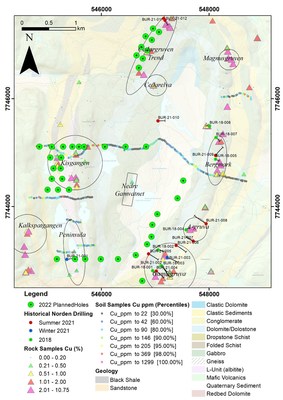Figure 1. Overview of planned 2022 drill holes. (CNW Group/Norden Crown Metals Corp.)
