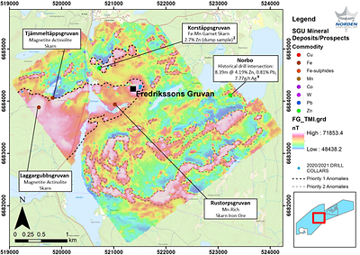 Figure 1. Fredrikssons Gruvan Total Magnetic Intensity (TMI) image with surrounding mineral deposits and prospects. (CNW Group/Norden Crown Metals Corp.)