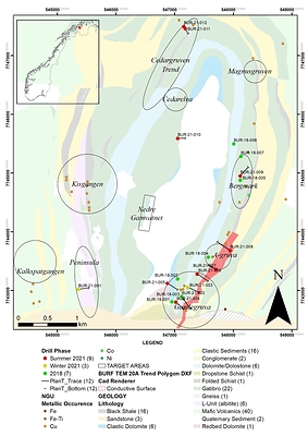 Figure 1. Burfjord drill hole locations showing TEM geophysics conductor, geology and mineral occurrences. (CNW Group/Norden Crown Metals Corp.)
