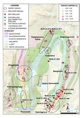 Figure 1.  Plan map showing, geology, anomalous rock sample (copper), target locations and 2021 drill hole locations at Burfjord. (CNW Group/Norden Crown Metals Corp.)