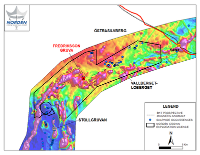 Figure 2.  The location of the Fredriksson Gruva BHT deposit with the greater ~ 21 kilometre long BHT prospective magnetic anomaly. (CNW Group/Norden Crown Metals Corp.)