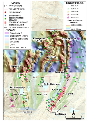 Figure 1.  Location of Phase I UAV Magnetic Survey, high priority target areas and 2021 planned drilling at the Burfjord Project, Norway. (CNW Group/Norden Crown Metals Corp.)
