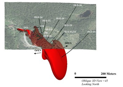 Figure 1.  Oblique 3D interpretation of mineralization at Fredriksson Gruva.  Note that the mineralization is interpreted to extend beyond the limits of historical drilling at depth and laterally. (CNW Group/Norden Crown Metals Corp.)