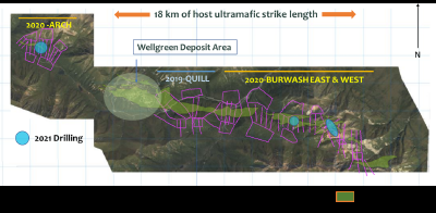 Figure 1: 2019-20 surface time-domain electromagnetic (TDEM) coverage and 2021 drilling locations at the Nickel Shäw Project (CNW Group/Nickel Creek Platinum Corp.)