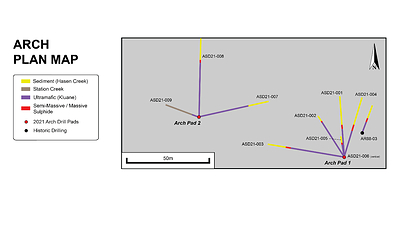 Figure 2: Close-up plan view of the Arch geology and drillhole locations (CNW Group/Nickel Creek Platinum Corp.)