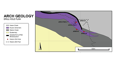 Figure 3: Close-up plan view of the Arch geology and drillhole locations (CNW Group/Nickel Creek Platinum Corp.)