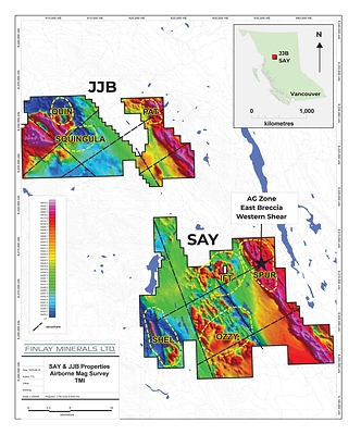 Figure 1.  2025 airborne magnetic surveys, structural trends and target areas on the SAY and JJB properties (CNW Group/Finlay Minerals Ltd.)