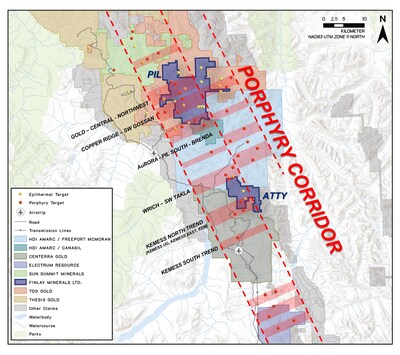 Figure 1.  Toodoggone Porphyry Corridor highlighting east-west extensional trends that host significant porphyry and epithermal deposits, resources and targets within the region. (CNW Group/Finlay Minerals Ltd.)