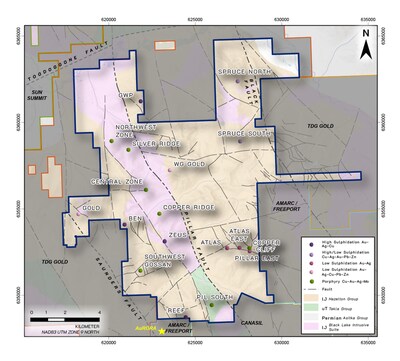 Figure 2.  Geology and identified porphyry and epithermal targets on the PIL Property. (CNW Group/Finlay Minerals Ltd.)