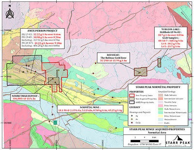Figure 1: Geological Map of the NewMétal property with the new acquired claims blocs with respect to Amex Exploration’s Perron Project. (CNW Group/Starr Peak Exploration Ltd.)