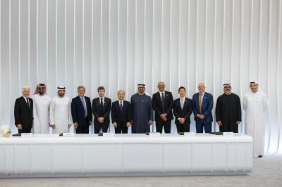 From left to right: Marty Edelman, General Counsel of G42; His Highness Sheikh Tahnoon bin Zayed Al Nahyan, National Security Adviser, Deputy Ruler of Abu Dhabi and Chairman of Artificial Intelligence and Advanced Technology Council (AIATC); His Highness Sheikh Hamdan bin Mohammed Al Maktoum, Crown Prince of Dubai and Deputy Prime Minister; Jensen Huang, Founder and CEO of NVIDIA; Sam Altman, Co-founder and CEO of OpenAI; Masayoshi Son, Chairman and CEO of SoftBank Group; His Highness Mohamed bin Zayed Al Nahyan, President of the United Arab Emirates; Jeetu Patel, President and Chief Product Officer of Cisco; Peng Xiao, Group CEO of G42; Mike Sicilia, EVP Global Industries of Oracle; His Highness Sheikh Khaled bin Mohamed bin Zayed Al Nahyan, Crown Prince of Abu Dhabi, Chairman of the Abu Dhabi Executive Council and Vice-Chairman of AIATC; His Excellency Khaldoon Al Mubarak, Managing Director and Group Chief Executive Officer of Mubadala Investment Company and Member of the AIATC.