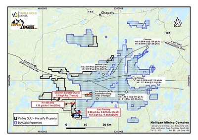 Figure 1: Visible Gold's newly expanded Horsefly gold property strengthens its land position immediately west of IAMGOLD's Nelligan Mining Complex in the prolific Chibougamau Mining Camp. (CNW Group/Visible Gold Mines Inc.)