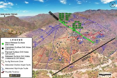 Figure 1: Drone Image of the Plomosas Mine Area (looking to the NW) - Drill Hole Location Map (CNW Group/GR Silver Mining Ltd.)