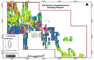 Figure 6: San Marcial – Litho-geochemical Results (Pb) and Faisanes-Mariposa Trend (CNW Group/GR Silver Mining Ltd.)
