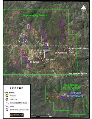 Figure 1 – Landsat Image Plomosas Silver Project – Targets – Known Veins – Mineralized Structures. (CNW Group/GR Silver Mining Ltd.)