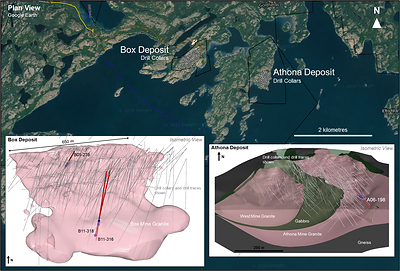Figure 3: Location map for drill core resampling program. Drill core resampling locations for gold assay and geochmical samples (blue) are shown along historical drill traces (red). Note that the geological models shown are provisional and are currently in development. (CNW Group/Fortune Bay Corp.)
