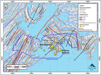 Figure 3: Structural map of the Goldfields property showing gold deposits, prospects and occurrences. (CNW Group/Fortune Bay Corp.)
