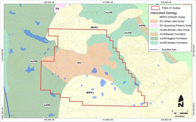 Figure 2. Bedrock Geology of TREK 31 (after Angen 2017) (CNW Group/Orogen Royalties Inc.)