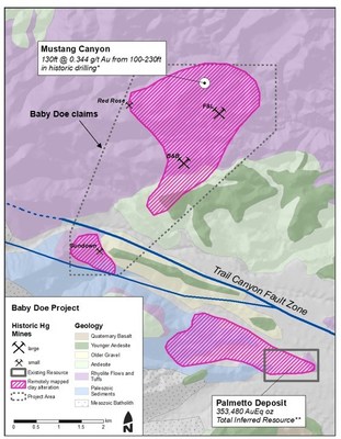 Geologic map of Baby Doe project area showing areas of alteration, mercury occurrences and adjacent, outcropping gold systems (CNW Group/Orogen Royalties Inc.)
