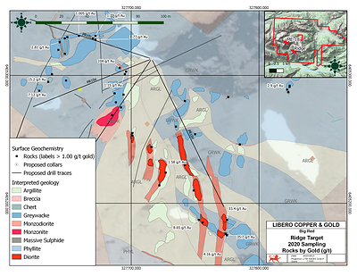 Figure 1: Clive’s area at the Ridge target with diorite dikes and monzodiorite plug hosted by clastic sediments. (CNW Group/Libero Copper & Gold Corporation.)