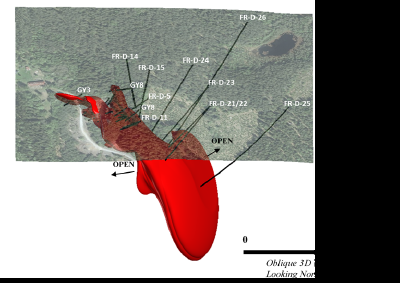 Figure 1.  Oblique 3D interpretation of mineralization at Fredriksson Gruva.  Note that the mineralization is interpreted to extend beyond the limits of historical drilling at depth and laterally. (CNW Group/Norden Crown Metals Corp.)
