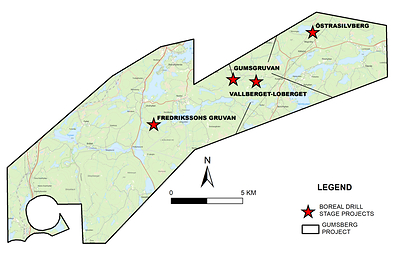 Figure 1.  The major prospects on the Gumsberg Project, Southern Sweden. (CNW Group/Boreal Metals)