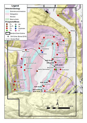 Figure 1.  Geology, drilling and mineral occurrences, Burfjord Project, Norway. (CNW Group/Boreal Metals)
