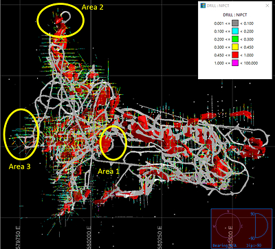 Plan view of the Bruvann mine showing stopes (red), ug development (grey), drilling, and areas of near mine exploration potential (CNW Group/Electric Royalties Ltd.)