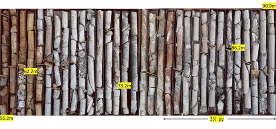 Figure 4: Drill Core Photo DDMan-20-29 showing high grade sections from 55.2-62.2m (gossanous oxidized zone) and 73.2-86.2m (disseminated pyrite zone)