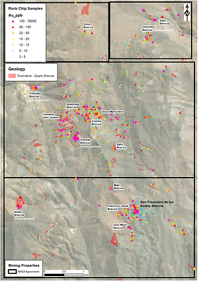 Figure 2: Geological map illustrating breccia pipe occurrences with rock chip gold results (ppb). Drilling will focus on extending mineralisation at the San Francisco de Los Andes breccia (SFdLA) as well as testing the Chorrillos, Colorada, Humilde and Solita breccia pipes. The best surface geochemical results returned to date are from the Humilde breccia (i.e. 79 g/t gold, 385 g/t silver and 7.7 % copper), with grades even higher than those found at the surface of the SFdLA breccia pipe. (CNW Group/Turmalina Metals Corp.)