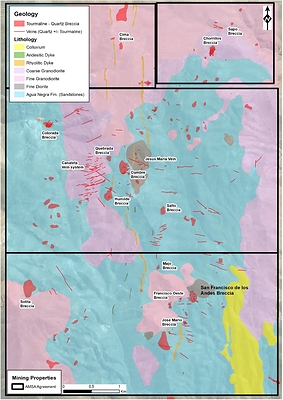 Figure 2: Geological map of the San Francisco Project. Mapping has identified a dozen high priority breccia pipes that returned anomalous rock chip gold results. (CNW Group/Turmalina Metals Corp.)