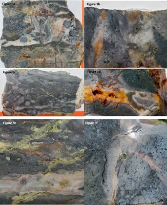 Figure 3 Selection of samples containing fine visible gold. 3a: Sample 5056A showing quartz-adularia brecciated vein with bladed marcasite(?) and pyrite in wall rock. 3b: Sample 5059F showing vuggy quartz vein and bladed marcasite(?). 3c: Sample 5056A showing intense silicification, brecciation and pyritization. 3d; Sample 5059A showing vuggy quartz veining and bladed marcasite(?). 3e; Sample 5059F showing strongly silicified host rock with banded quartz-adularia vein.  3F: visible gold (CNW Group/Northern Shield Resources Inc.)